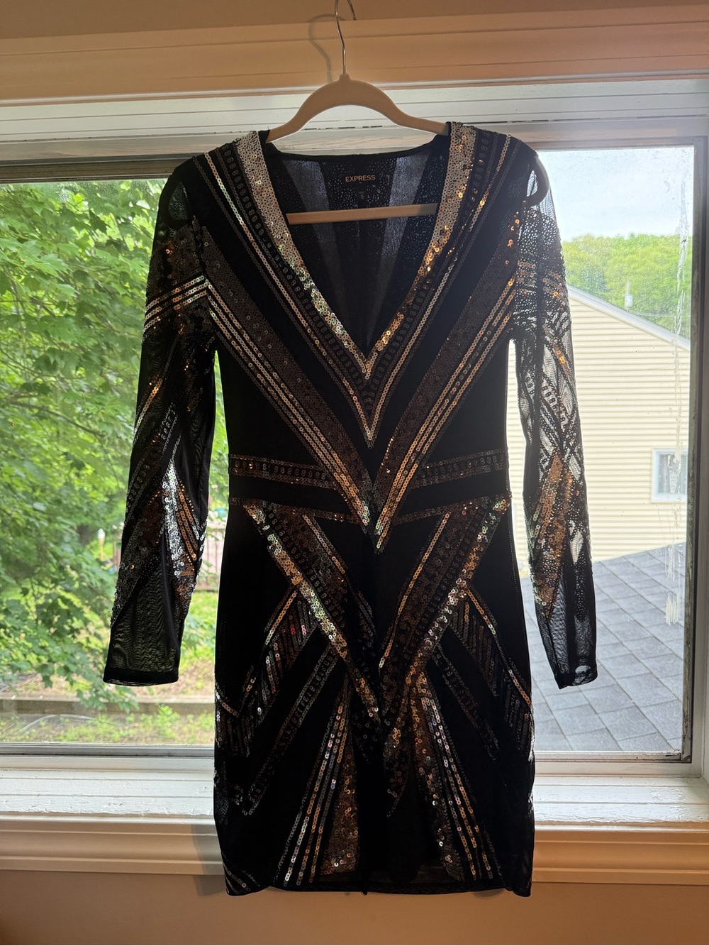 Express Black V-Neck Sequined Chevron Top